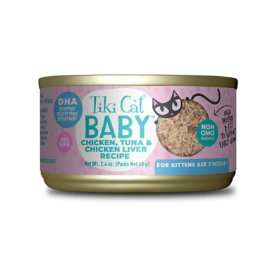 Tiki Cat® Baby™ For Kittens Age 8 Weeks + Chicken, Tuna & Chicken Liver Recipe Wet Cat Food 2.4oz